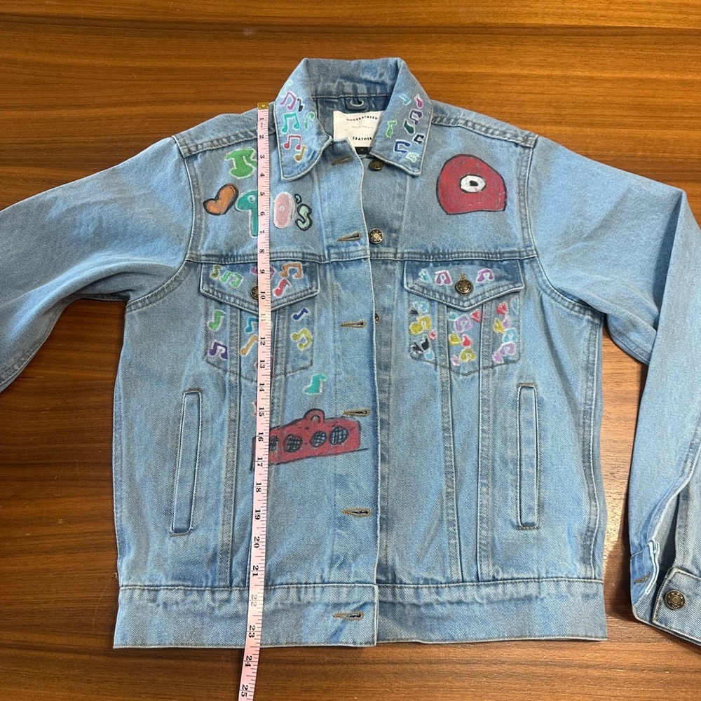 Understated Leather Denim Jacket Cotton Womens Med Blue 90s Hand Painted Custom - Picture 5 of 8
